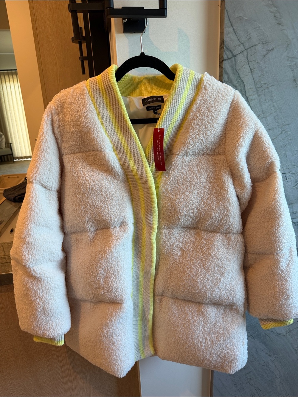 Carbon38 Cream Sherpa Puffer Jacket with Yellow Trim - Picture 2 of 6